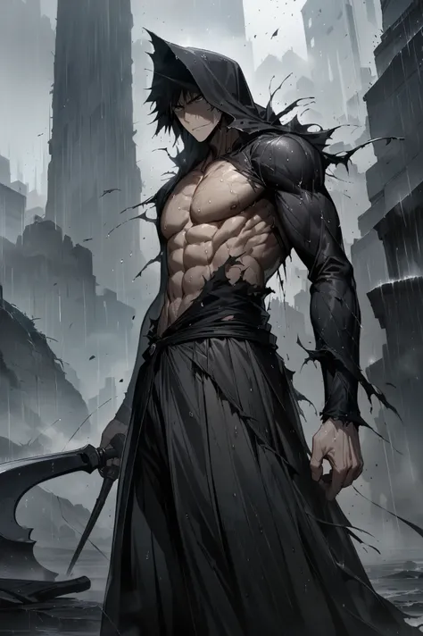  1 boy ， Male Focus ，Kurosaki Ichigo，grim Reaper，black hakama pants ，Tensuku Shitsuki (Bankai)， torn clothes ，outdoor，rain，Chest muscles，(masterpiece)，( best quality)，(Ultra-detailed)，Extremely Beautiful ，illustration， messy hair ，Perfect composition， Mois...