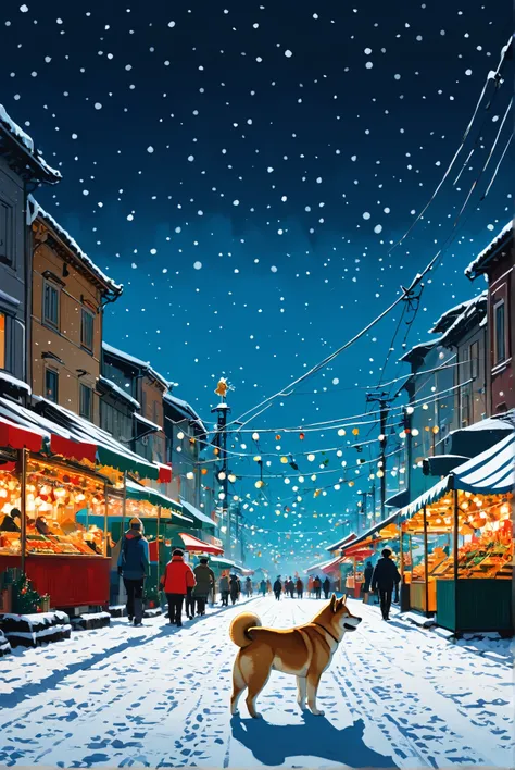  Lisa Keen-style Shiba Inu by Emmanuel Siu and Alena Aenami,  Tintins adventurous taste 、Artistic painting、 Christmas Market 、雪