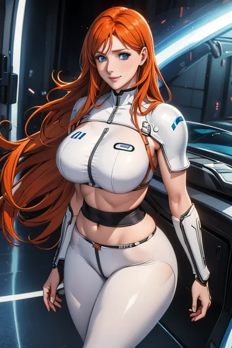 woman , long orange hair, ginger hair, blue eyes, smiling, white cyber armor, black pants,