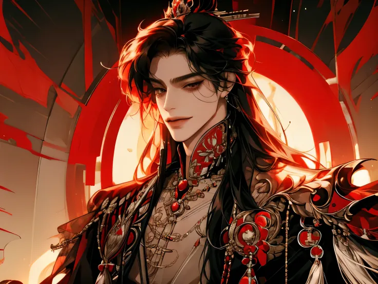 boy, Long hair, long hair style, 긴 Black 머리, sharp features, white skin , A very close view, ((Black, Red emperor costume )), pearl decoration , gorgeous, Smiling , natural pose