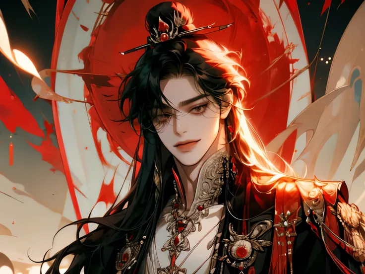boy, Long hair, long hair style, 긴 Black 머리, sharp features, white skin , A very close view, ((Black, Red emperor costume )), pearl decoration , gorgeous, Smiling , natural pose