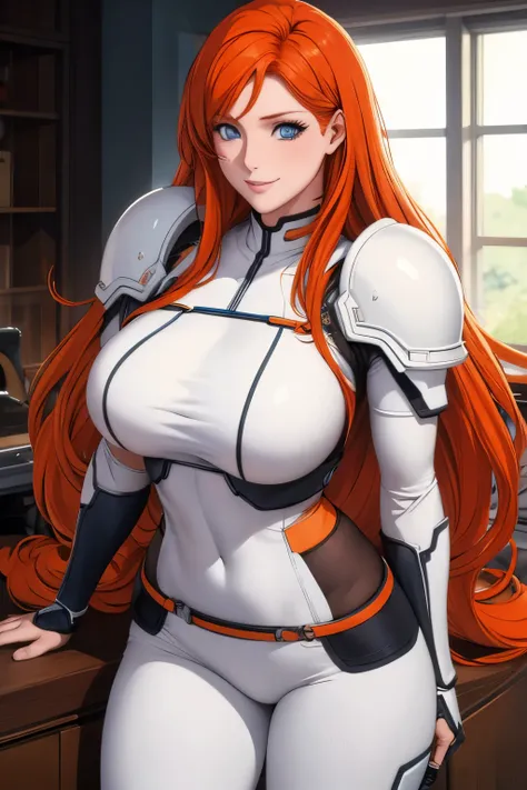 masterpiece, best quality, Woman , pretty face,  long orange hair, ginger hair, blue eyes, smiling, White cyber armor, black pants,