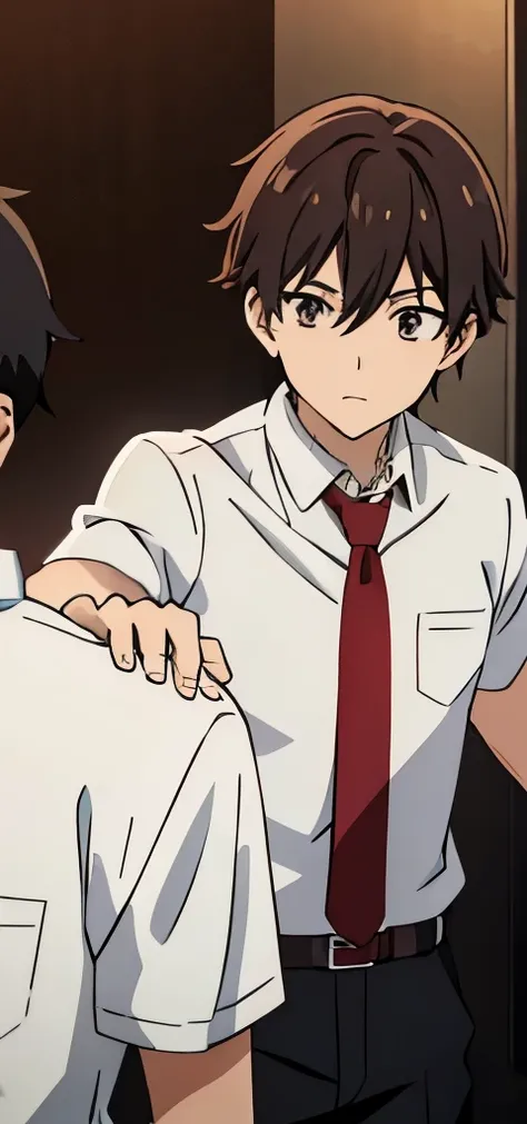 Anime boy pulling boy shoulder, wearing white shirt, red tie, hurry up, hand on shoulder 