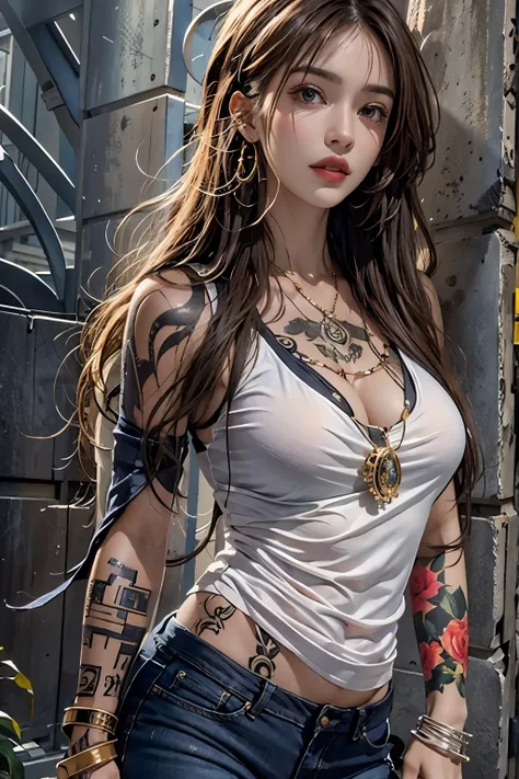 high resolution, 1 woman, hips up, Beautiful eyes, Long hair, jewelry, tattoo, street wear