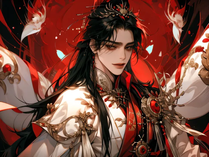 boy, Long hair, long hair style, 긴 Black 머리, sharp features, white skin , A very close view, ((Black, Red emperor costume )), pearl decoration , gorgeous, Smiling , natural pose, (( looking from behind ))