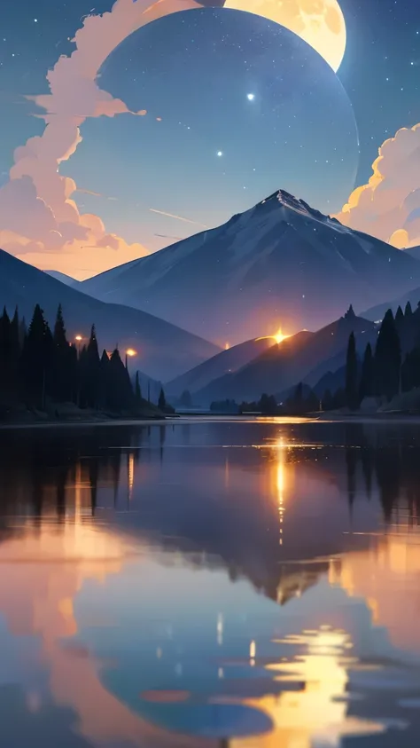 A very starry night.  A huge moon behind the mountains . The quiet lake reflects the night. The setting sun is accompanied by flying cranes. Realistic Scenes,  Details,  photorealism, 8k