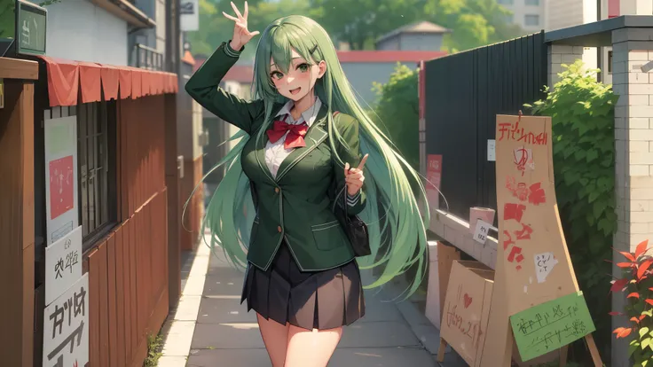 ,, green hair,  long hair,Suzuya（Kantai Collection）,Suzuya（Kantai Collection）, hair clips,Big Breasts, open your mouth,Outdoor ,, school uniform, standing,smile,cardigan,curvy,mini skirt,red bowtie ,blazer.