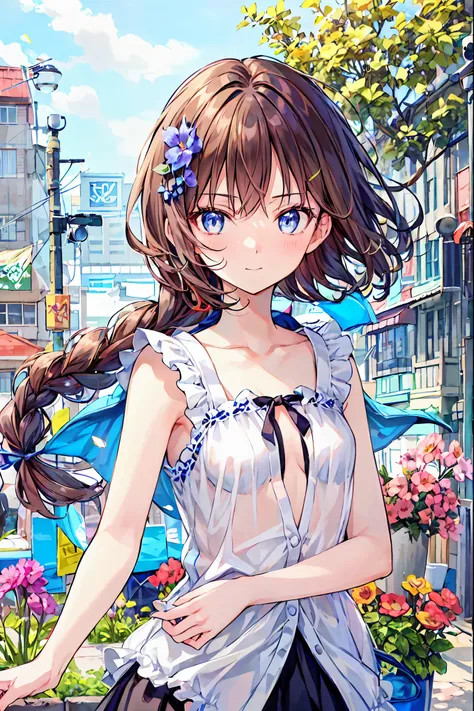 ( best quality, masterpiece),  one girl who is at ease, stop temporarily, particle, wind, flower,  upper body,  simple background,  Looking at the Audience ,  blonde alone, milky way, beautiful，  has lots of dark brown hair ， small breasts，Brown Hair， shor...