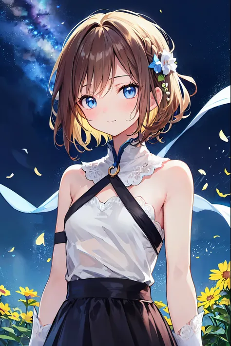 ( best quality, masterpiece),  one girl who is at ease, stop temporarily, particle, wind, flower,  upper body,  simple background,  Looking at the Audience ,  blonde alone, milky way, beautiful，  has lots of dark brown hair ， small breasts，Brown Hair， shor...