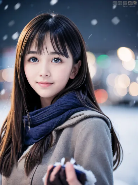 (One girl has maline blue eyes:1.5)、(Close-up face shot of one blue eyes black very long hair with dull bangs girl in a winter long coat and  scarf:1.5)、(One blue eyes girl is holding a gift box with gloves in hand with small smile:1.5)、(Very beautiful Chr...