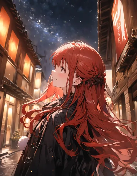 masterpiece、    girl、 redhead、Long Hair、smile、    face   ，Walking Outside， beautiful night view with depth，winter，Looking up at the night sky