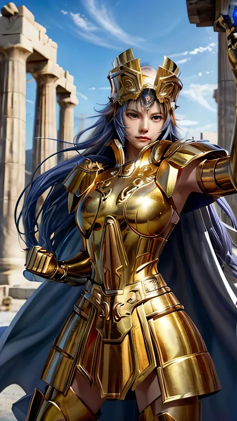 Gemini Armor, gold armor,1girl, armor, Dramatic skies, looking at the audience, armor, Shut up, Upper Body, Serious, helmet, On the Greek temple bridge, whole body.  boots,Solo, Smile, Red Eyes, White long Hair, High Resolution, Masterpiece, High Details, ...