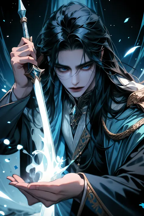 boy, Long hair, long black hair, Blue eyes,  white skin ,  sharp features, A very close view, ((Blue wizard suit )), Long hair