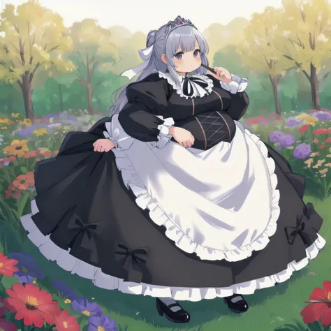 Beautiful Queen, obesity, long sleeve , dress,ribbon, pantyhose ,frills, Puff Sleeves ,black dress,black pantyhose ,neck ribbon,frilled dress, Juliet sleeve,white ribbon, skirt, full body, Field and flowers in the background , achromatic , masterpiece,...