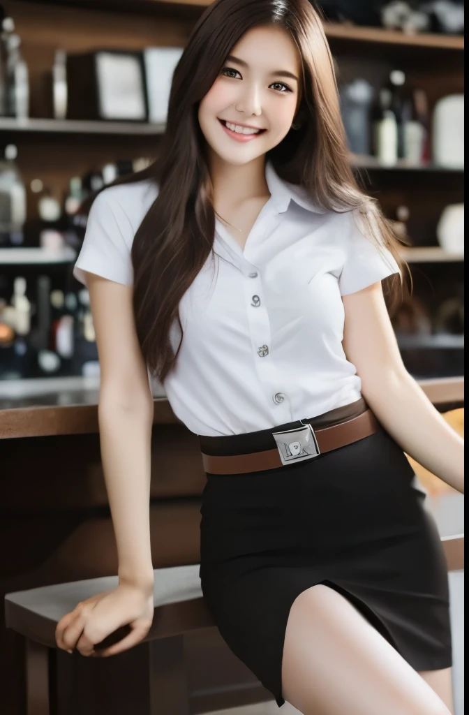 Thai university uniform, black plain tight slit mini skirt, slim and perfect figure, big breasts, emphasize on breasts and hip and bottoms and thigh, rule of thirds, white plain between cap-sleeve and short-sleeve button shirt for woman, brown suede belt, ...