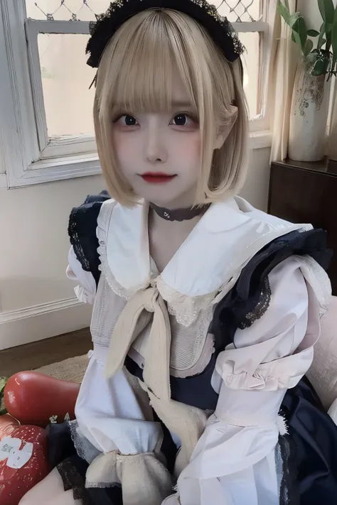 A young woman with blonde bob hair is sitting on the floor, wearing a blue gingham maid outfit with white lace details. Her doll-like features are highlighted by red colored contact lenses, smooth, flawless skin, and light makeup. The outfit includes a nav...