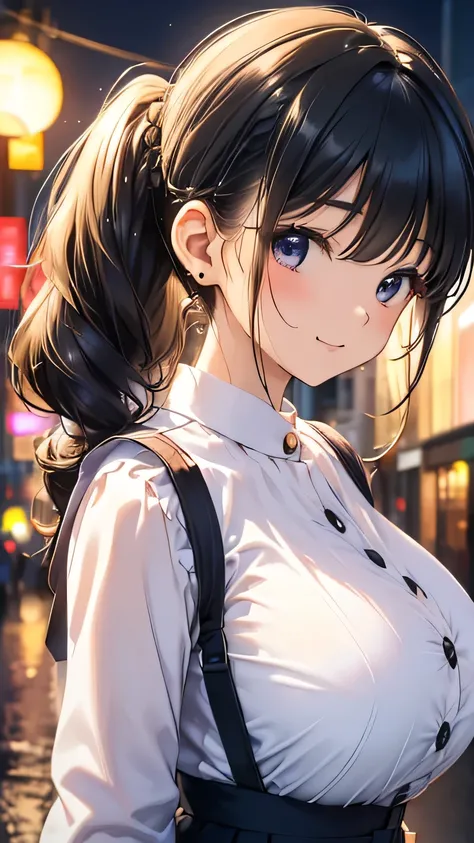  young woman、smile、(( random hairstyle))、 blanking、((masterpiece、 high definition 、16k))、(( Random Design Springwear))、(Very close:1.5)、EXPLORE THE CITY AT NIGHT 、( focus on the upper body :1.5), huge breasts, button gap