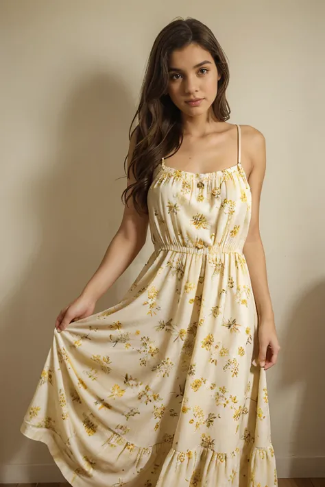 Girl Brown, with Floor-length yellow sundress with white floral patterns and spaghetti straps