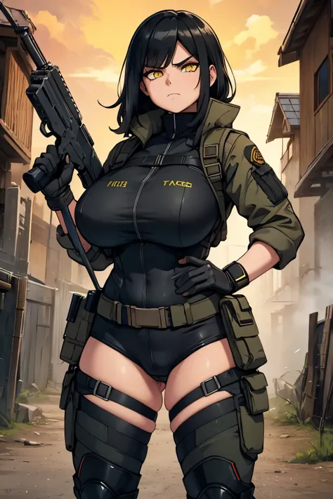 tactical clothing angry muscular thick thighs huge breasts pale skin black hair yellow eyes girl tactical equipment