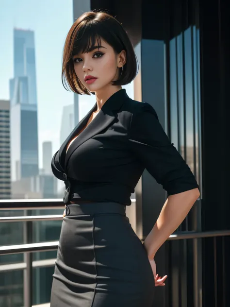 Tight-fitting business shirt, Just-fitting short sleeve, High-waist pencil skirt, (Shirt tucked into skirt:1.3), (Wearing a business Jacket on top:1.3), Office district, Skyscrapers in the background, Daytime, Sunshine,,
8K Quality, (High Resolution:1.25),...