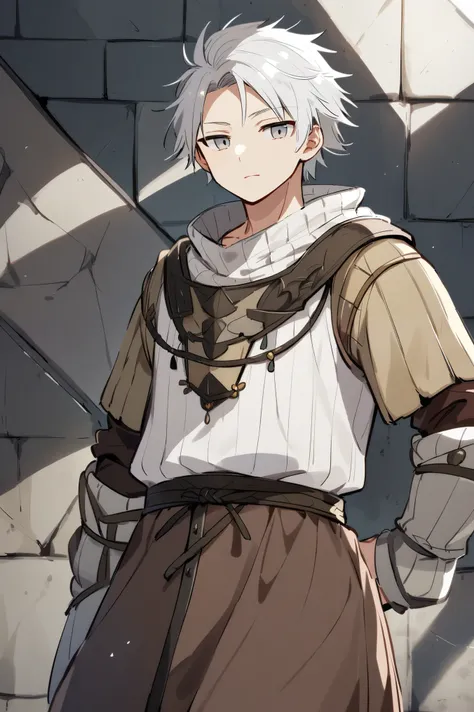 Male ************, white hair, short hair, gray eyes, medieval clothes, teenager, Tōshirō Hitsugaya