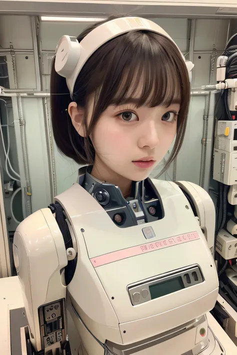 masterpiece, best quality, extremely detailed,portrait,front view,Japaese android girl,Plump,pastel color uniform, control panels,android,Droid,Mechanical Hand, Robot arms and legs,Blunt bangs,long tube,thick cable connected her neck