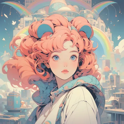 (((masterpiece, Highest quality)))、(((32K Wallpapers)))、A futuristic city in the sky、(((upper body)))、 perfect face、 wind is blowing、White Flower、Vast background、 1 woman、 Red Hair Color、detailed hair、squirt、 looking up at the sky、 white t-shirt、White Feat...