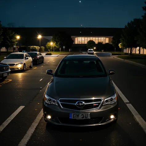 car, sedan, at night, campus parking lot, dynamic angle