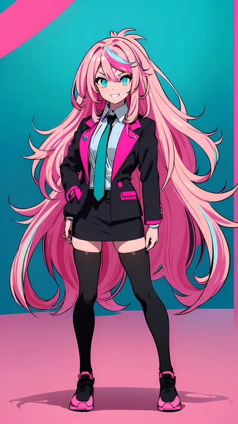 perfect anatomy, (a woman with hot pink long hair:1.4), from front shot, full body, (streaked hair with hot pink and turquoise blue:1.5), Slanted Eyes, ( turquoise eyes holding a cup :1.1), ( girl wearing black business suit :1.4), wearing black pencil ski...