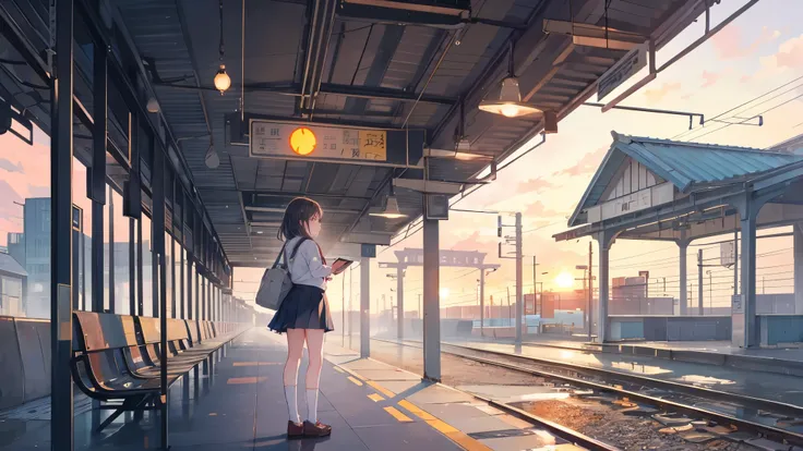  The train is arriving on the platform of the station in the evening 、 A scene where a high school girl in uniform is looking at her smartphone。 The girl stands in the center of the platform 、 while the sun is shining in behind 、The train is arriving。 The ...