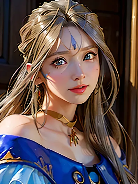 (masterpiece, best quality:1.4), (close up), 1girl, solo, (european youth:1), belldandy, belldandy_blue_dress, goddess face symb...