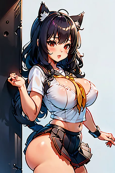 1 chica junkotvv black hair,  straight bangs , cat ears, red eyes,sailor uniform,  medium high ,  cut out on the bottom of the tits, pleated skirt, Throw hair ,  Thick lips,   simple background ,