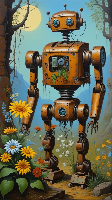 Surreal fantasy painting by the artist George Gree, an old spoiled primitive robot with a bouquet of flowers, an old primitive spoiled robot is described in detail, the robot is old and rusty, the robot is spoiled and damaged, in full accordance with the s...