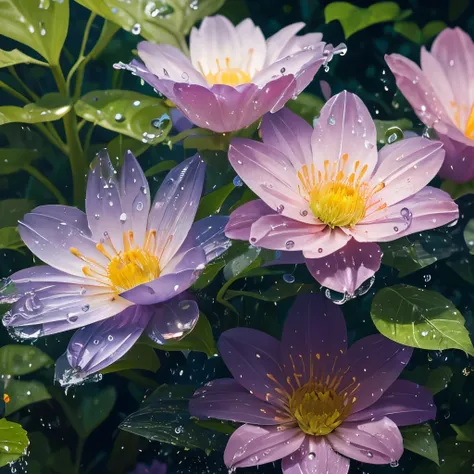 there are many purple and orange flowers with water droplets on them, a colorized photo by Juergen von Huendeberg, tumblr, art nouveau, magical colorful flowers, magical flowers, staggering in its beauty, beautifully painted, beautiful nature, incredibly b...