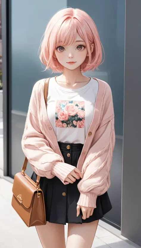 masterpiece, best quality, 8k, highres, ultra-detailed, HDR, UHD, ultra-fine painting,A stylish and playful outfit with a soft and cozy vibe. The ensemble features a textured pink cardigan layered over a white graphic T-shirt, creating a casual yet chic up...