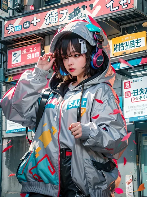  8k resolution、((top-quality))、((masterwork))、((Ultra-detailed))、1 woman、solo、incredibly absurdness、Oversized Hoodies、headphones、street, Sateen、neons、Shortcut Hair、Brightly colored eyes、Hands in pockets、shortpants、water dripping,(realistic:1.4)