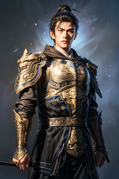 18 year old Chinese man,young man,realistic,bright armor, alone,Background of ancient chinese cities,detailed_eye,shoulder_Armor,(검은 eye),looking at viewer,(masterpiece:1.2), (best quality:1.2), perfect eye, perfect face, perfect lighting, (8K),(complete a...