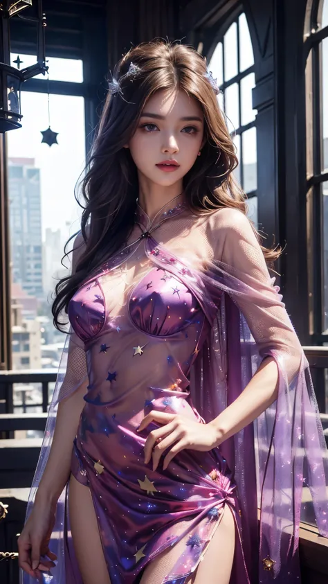 8K, UHD, masterpiece, 1 girl, godd face, sharp eyes, detailed eyelid, very long hair, silky hair, small beasts, (((star print dress)), ((mesh star clothing)), magenta clothing, lacing, dual cape, ((bare hip)), detailed torn clothing, in the balcony, spot l...