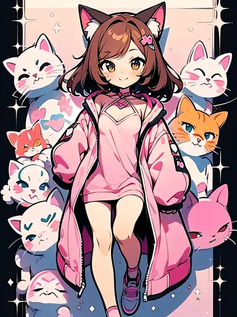 Alone,14years old,Lolita Face,brown color hair,parted bangs,(pink cat ear parca),open jacket cleavage cutout pink fullbody hoodie ,（Enchanting chest:1.3）,(very small breast),smile (I am the charactor:1.3),(manga style),(sketch),(illustration),