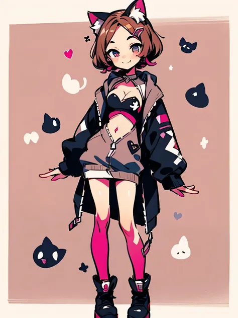 Alone,14years old,Lolita Face,brown color hair,parted bangs,(pink cat ear parca),open jacket cleavage cutout pink fullbody hoodie ,（Enchanting chest:1.3）,(very small breast),smile (I am the charactor:1.3),(manga style),(sketch),(illustration),