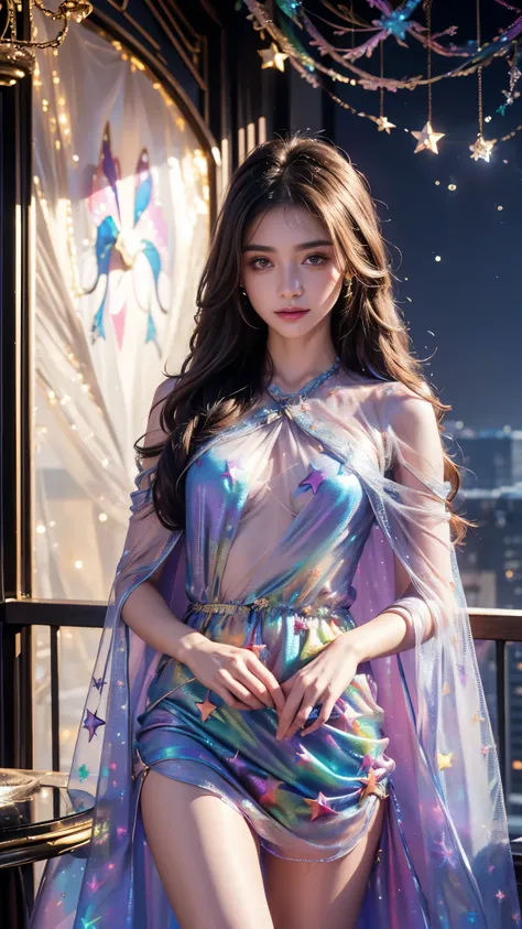 8K, UHD, masterpiece, 1 girl, godd face, sharp eyes, detailed eyelid, very long hair, silky hair, small beasts, (((star print dress)), ((mesh star clothing)), ((rainbow clothing)), lacing, dual cape, ((bare hip)), detailed torn clothing, in the balcony, sp...