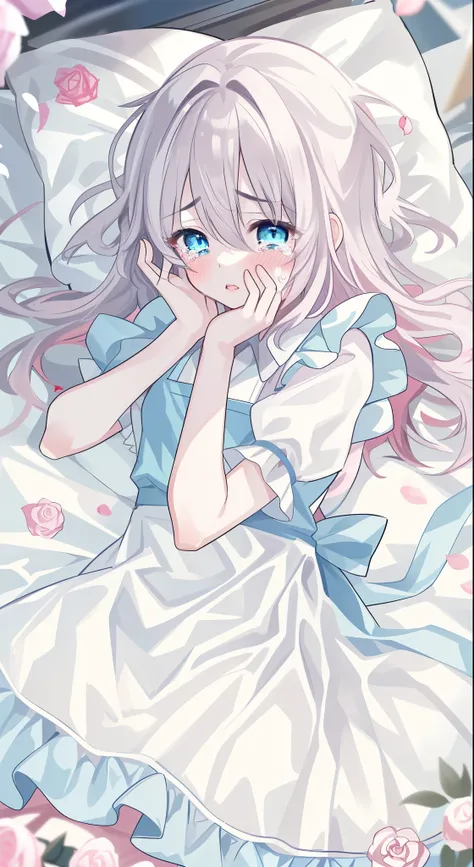 rating:safe, 1girl, blue_eyes, dress, solo, short_sleeves, lying, long_hair, flower, puffy_sleeves, eyebrows_visible_through_hair, hair_between_eyes, blush, pillow, apron, bangs, very_long_hair, puffy_short_sleeves, white_dress, petals, hands_up, white_apr...