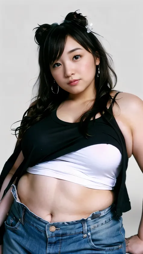 Beauty、Japanese、Big breasts、Fat women、Blank white background、 Tank top 、 Plump Body 、 big stomach、 woman wearing tank top、 