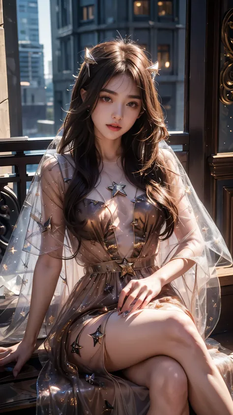 8K, UHD, masterpiece, 1 girl, godd face, sharp eyes, detailed eyelid, very long hair, silky hair, small beasts, (((star print dress)), ((mesh star clothing)), ((brown clothing)), lacing, dual cape, ((bare hip)), detailed torn clothing, in the balcony, spot...