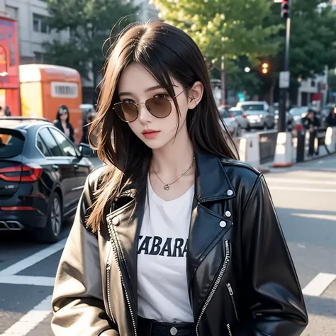 (masterpiece:1.2,  of the best quality ), 1. ms.,  unique ,  upper body, big ,  trendy leather jacket with a white t-shirt and r...