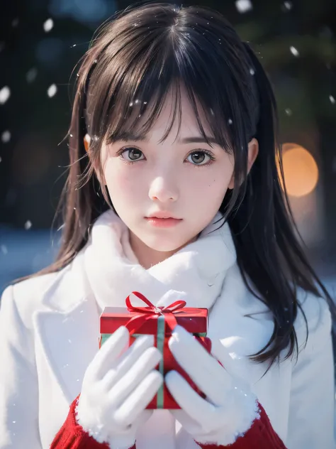 (Close-up face shot of one slender small breasts two side up black medium hair with bangs girl in a winter white long coat and red scarf:1.5)、(One girl is turn around with holding  a gift box with gloves in hand with sad face:1.5)、(Very beautiful Christmas...