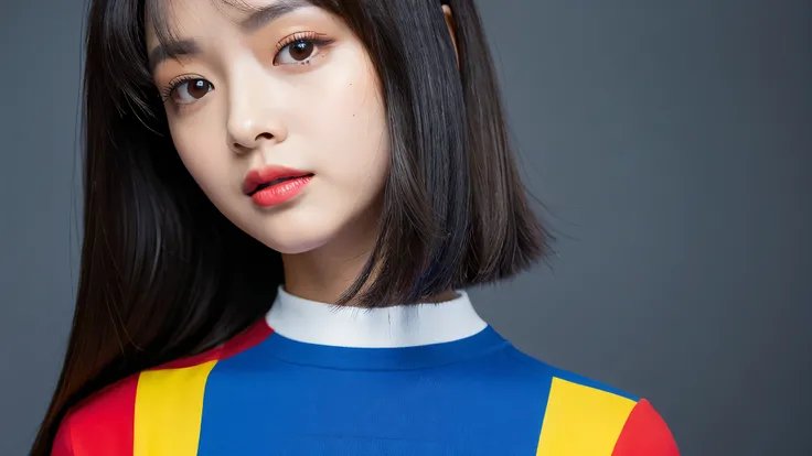 (( detailed face )), ultra high resolution,（ photorealistic：1.7）,Vivid, cute,Crew-neck dress inspired by Mondrians composition red blue yellow black and white, long black hair, studio shot ,( gray background ),