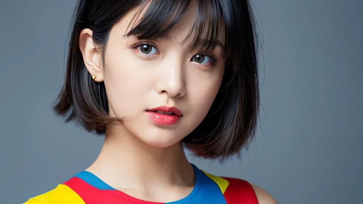 (( detailed face )), ultra high resolution,（ photorealistic：1.7）,Vivid, cute,Crew-neck dress inspired by Mondrians composition red blue yellow black and white, short bob black hair, studio shot ,( gray background ),
