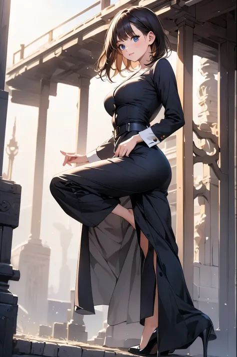 (1girl, masterpiece:1.5),(best quality, highest quality, Highest Resolution, ,Detailed depiction,Detailed Images:1.3),((whole body from toes to head, Including face)), 4K,Beautiful woman,suit, skirt, ((High heels)),slender anime girl, Age 25,(,slender girl...