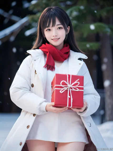 (Close-up face shot of one slender small breasts two side up black medium hair with bangs girl in a winter white long coat and red scarf:1.5)、(One girl is holding a big gift box in arms with happy smile:1.5)、(Very beautiful Christmas illumination night:1.5...